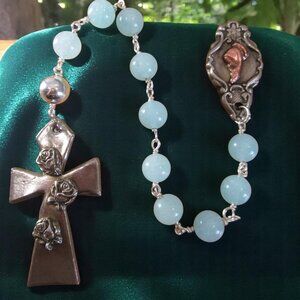 Rain of Roses Pocket Rosary, Aquamarine and Copper